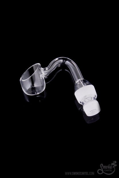 A close-up shot of the Quartz Banger with Curved Tube, showcasing its clear glass construction and gently arced design against a dark background.