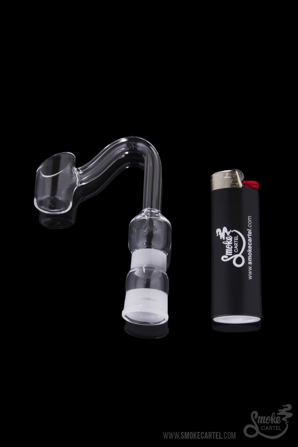 A close-up shot of the Quartz Banger with Curved Tube against a black background, showcasing its clear glass construction.