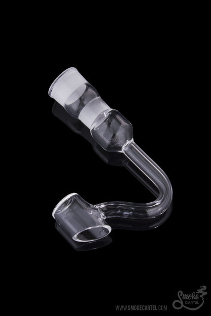 A close-up angled view of the Quartz Banger with Curved Tube, showcasing its clear glass construction and curved design.