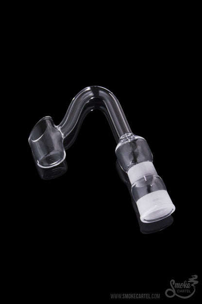 A close-up of the Quartz Banger with Curved Tube, showcasing its clear glass construction and angled design against a dark background.