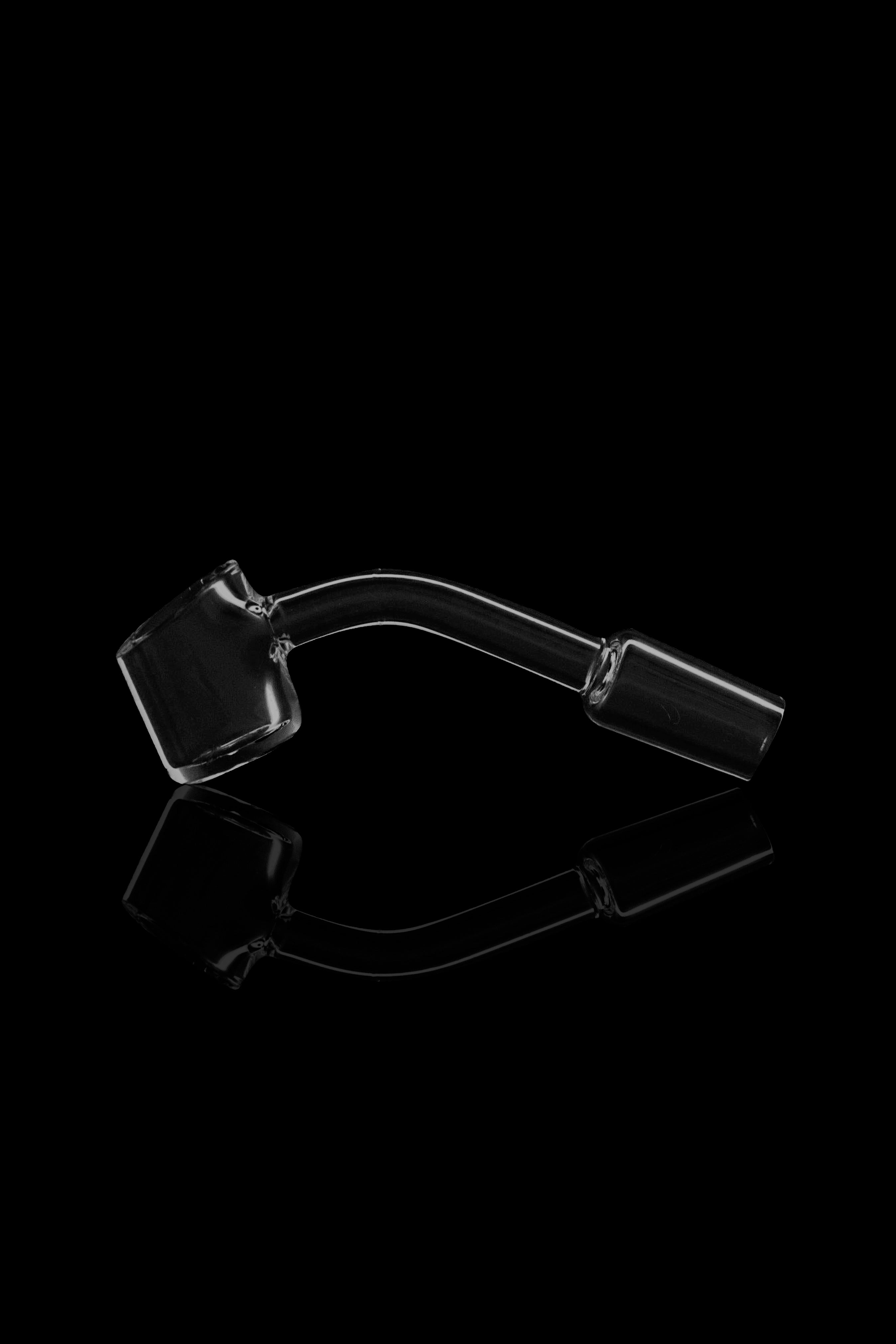 Clear glass dab rig with a bent neck and quartz insert, displayed against a black background.