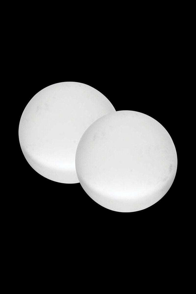 Two white spherical Pulsar Quartz Terp Beads - 2 Piece Set 5.00% Off Auto renew shown close-up against a black background.