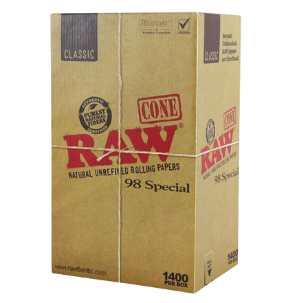 A front view of the RAW Classic 98 Special Cones bulk display box with branding details visible on the cardboard.