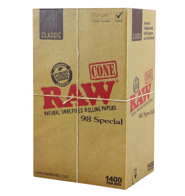 A front view of the RAW Classic 98 Special Cones bulk display box with branding details visible on the cardboard.