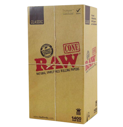 Front view of the RAW 4.25" Kingsize Classic Cones bulk box, displaying the brand logo and text on its cardboard surface.