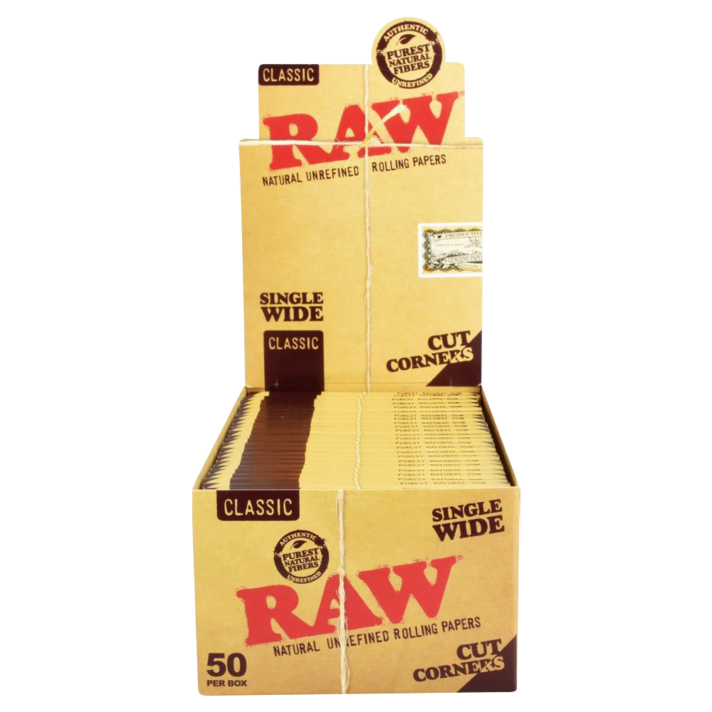 A slightly angled, close-up shot of the “RAW “Cut Corners” Single Wide Rolling Papers” packaging, displaying the brand logo and product name on a white box.