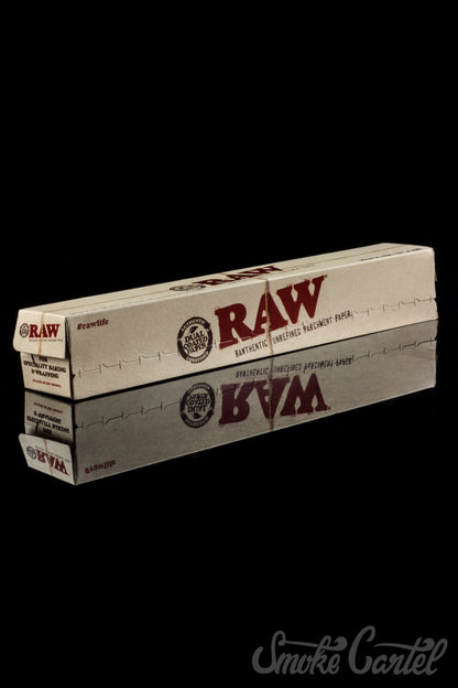 RAW Parchment Paper packaging is displayed at a slight angle with text on a white background.