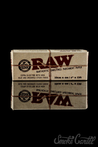 Front view of the RAW Parchment Paper packaging, displaying bold lettering against a simple, off-white background.