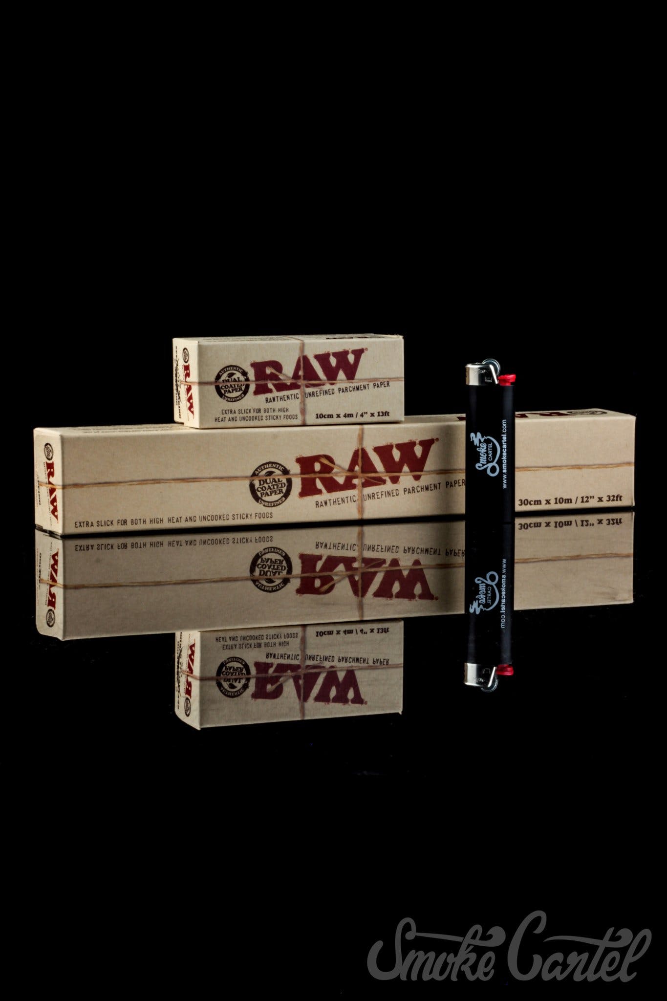 A close-up of the RAW Parchment Paper packaging with bold lettering and branding on a white background.