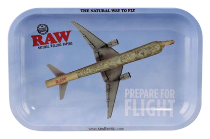 The RAW "Prepare for Flight" Rolling Tray displays a graphic of an airplane wing against a blue backdrop.
