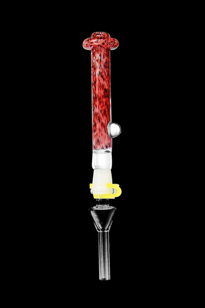 Red and white patterned glass dab rig with a quartz tip.