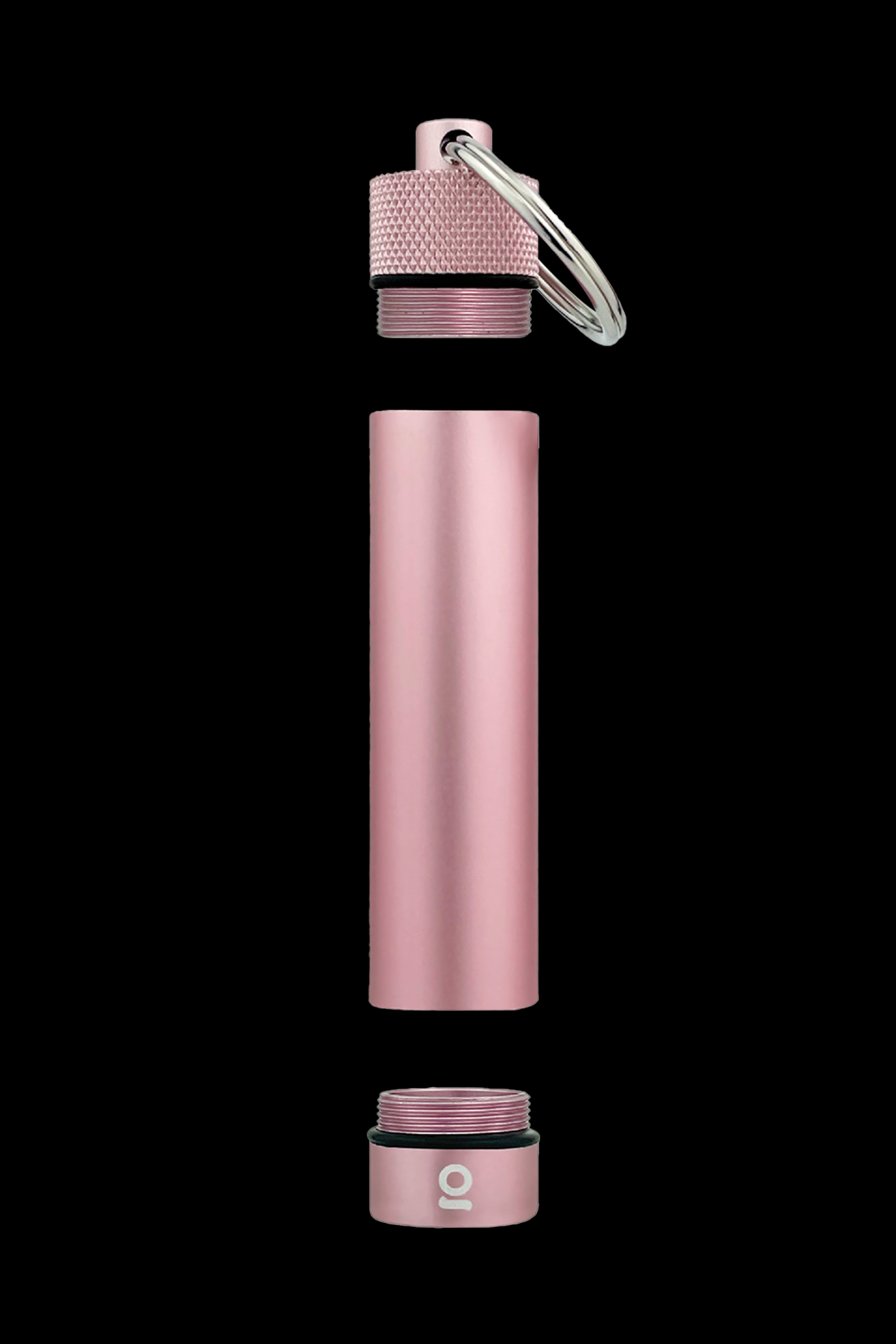 Pink metallic cannabis oil vape cartridge container disassembled into three parts, with a keychain loop.