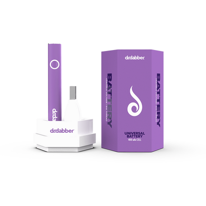 Front view of the Dr. Dabber Universal 510 Threaded Battery with a metallic silver finish against a neutral gray background.