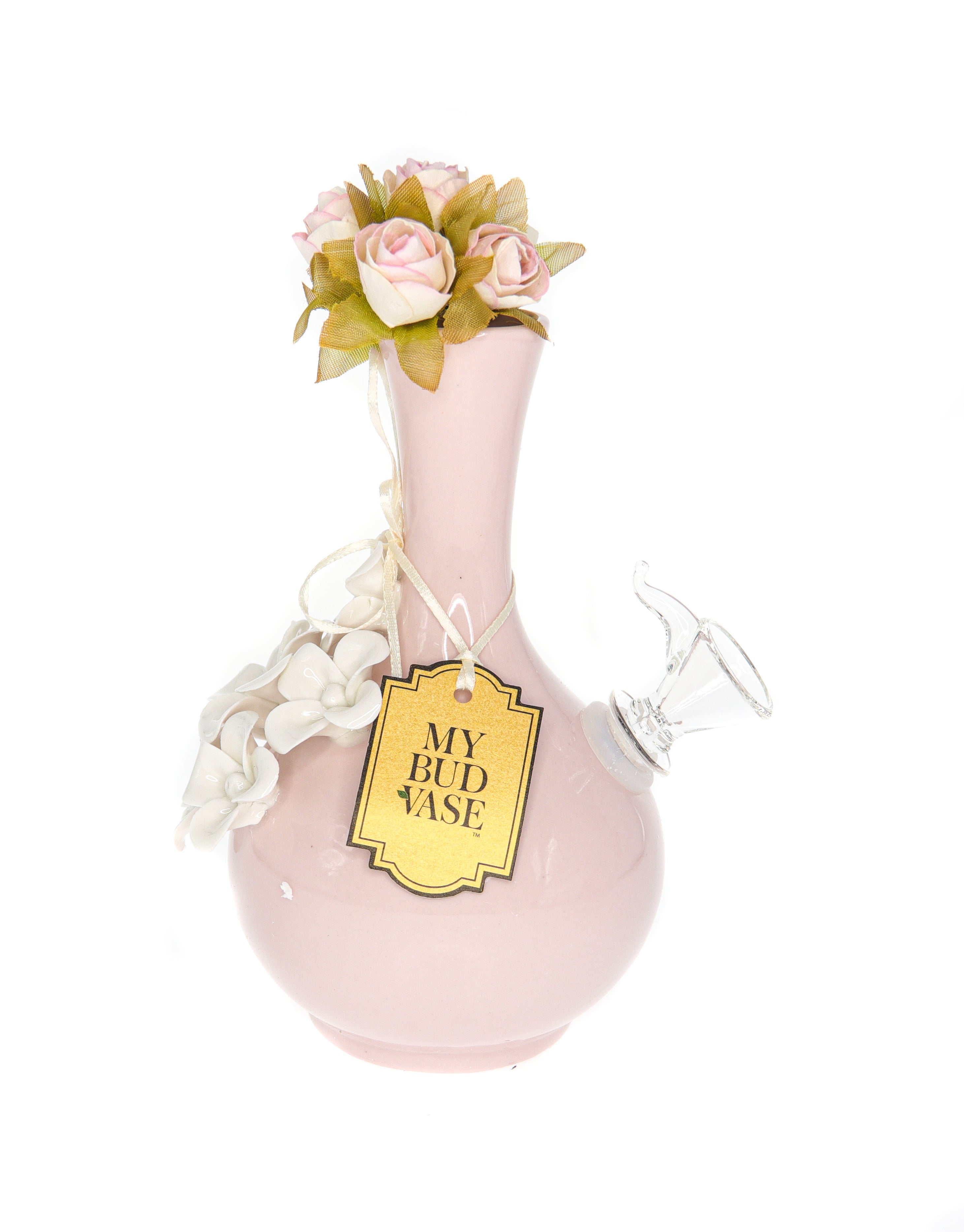 A side view of the My Bud Vase Water Pipe - Friends, adorned with delicate pink flowers against a clean white background.