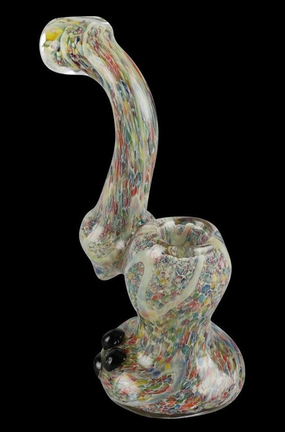 Front view of the Rainbow Speckled Glass Bubbler Pipe, showcasing its speckled glass design and curved form against a dark background.