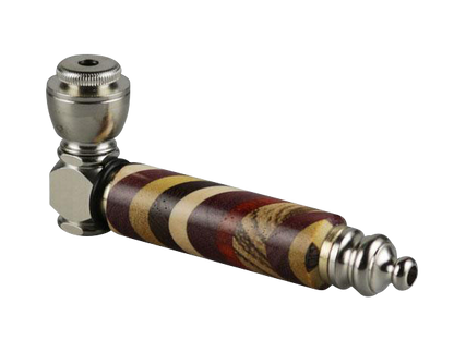A close-up side view of the Rainbow Wood & Stainless Steel Hand Pipe, showing its detailed wooden and metal construction.