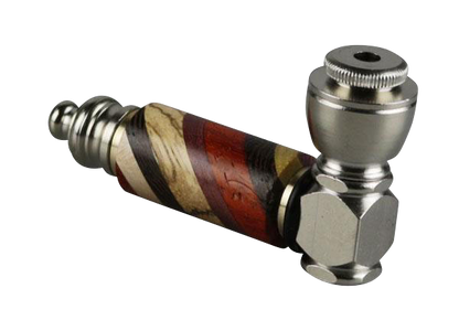 A close-up, angled view of the Rainbow Wood & Stainless Steel Hand Pipe, showcasing the wood grain and metallic accents.