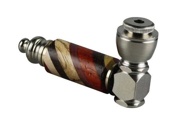 A close-up, angled view of the Rainbow Wood & Stainless Steel Hand Pipe, showcasing the wood grain and metallic accents.