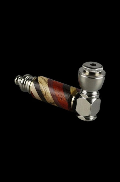 A close-up side view of the Rainbow Wood & Stainless Steel Hand Pipe, showcasing its wooden body and metallic mouthpiece.