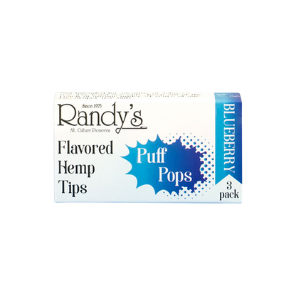 A close-up of Randy's Puff Pops Flavored Hemp Tips packaging, featuring a vibrant blueberry design.