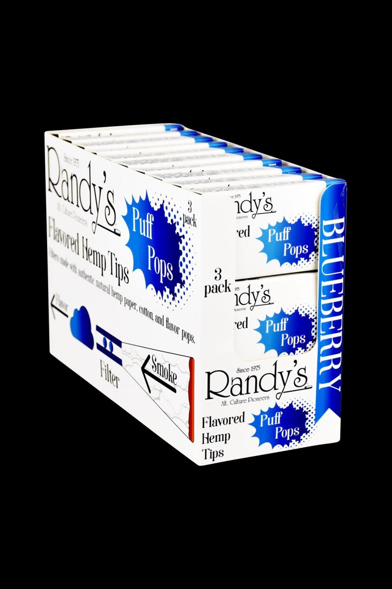 Front view of Randy's Puff Pops Flavored Hemp Tips packaging, displaying the product name and colorful design.