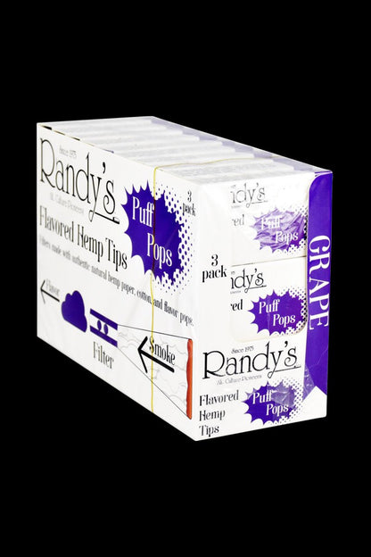 Randy's Puff Pops Flavored Hemp Tips packaging is displayed in a close-up, angled shot with colorful branding.