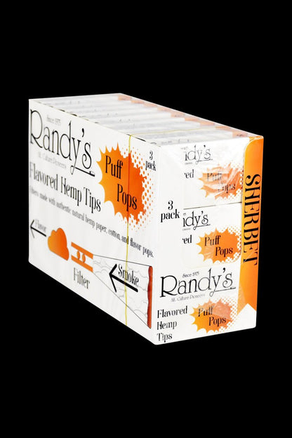 Front view of Randy's Puff Pops Flavored Hemp Tips packaging, displaying a colorful, angled design.