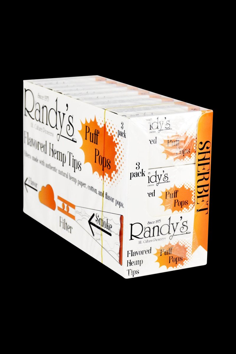 Front view of Randy's Puff Pops Flavored Hemp Tips packaging, displaying a colorful, angled design.