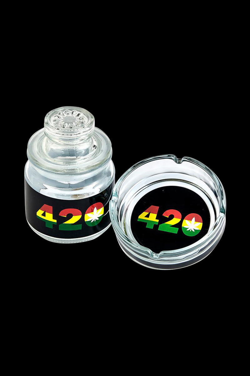 Front view of the Rasta Ashtray and Stash Jar Set, featuring a colorful, patterned design on a clear glass jar.