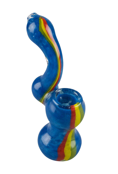 A front view of the Rasta Stripe Frit Glass Bubbler, showcasing its colorful striped glass and rounded shape.