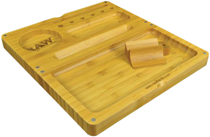 A top-down view of the RAW Backflip Magnetic Bamboo Rolling Tray, showing its natural wood grain and rectangular shape.