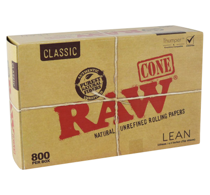 Front view of the RAW Classic Bulk Lean Cones packaging, displaying the brand logo and text indicating a bulk 800 pack.