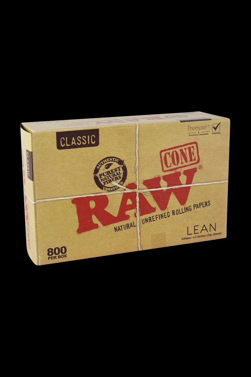 Front view of the RAW Classic Bulk Lean Cones packaging, displaying the brand logo and "800 Pack" text on a cardboard box.