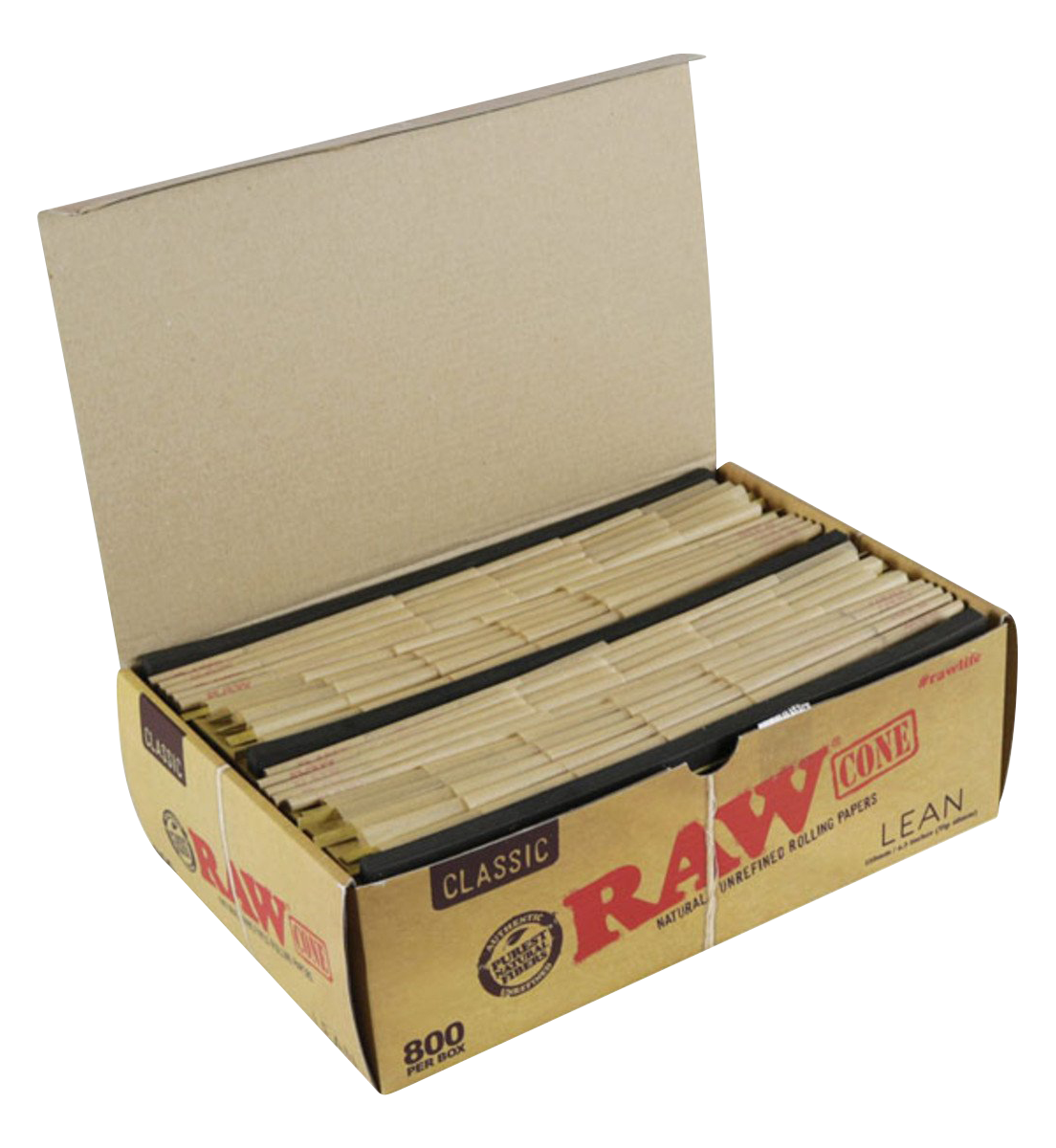 An open box of RAW Classic Bulk Lean Cones displays hundreds of pre-rolled paper cones, angled towards the viewer against a plain white background.