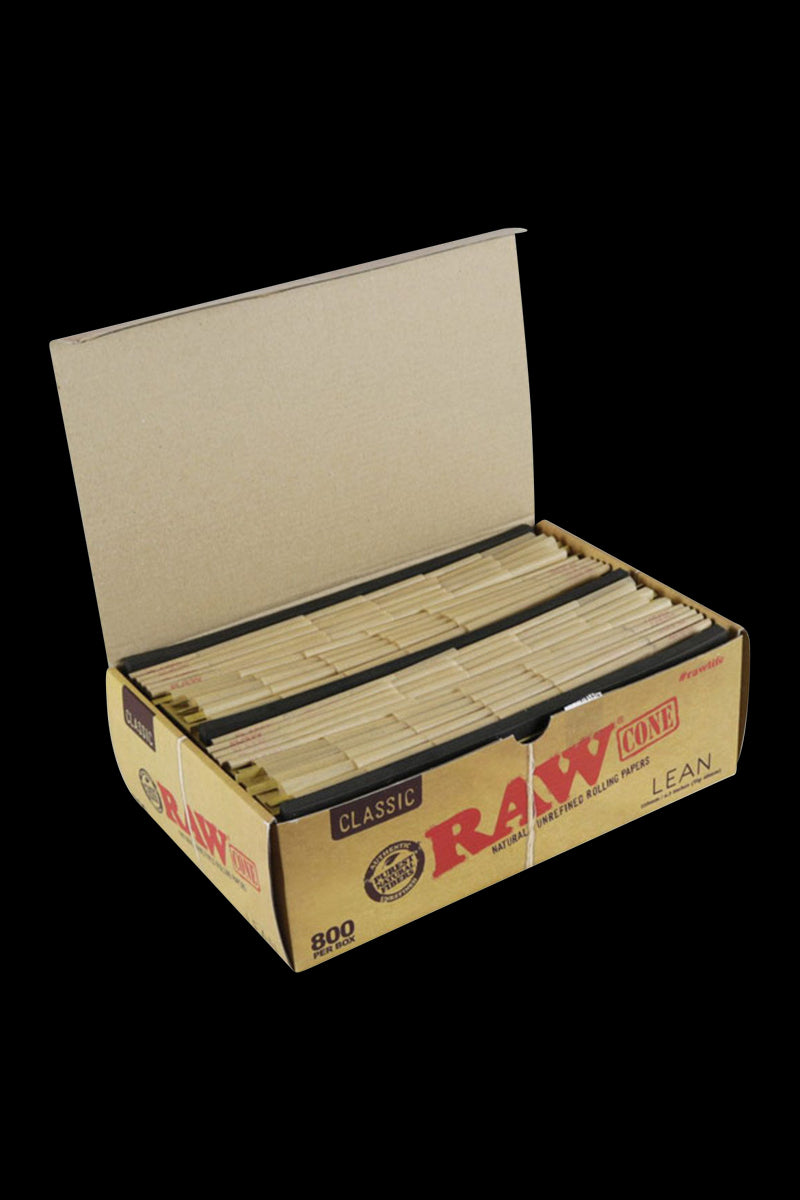A slightly angled, top-down view of the open RAW Classic Bulk Lean Cones 800 Pack, revealing the stacked, pre-rolled cones inside.