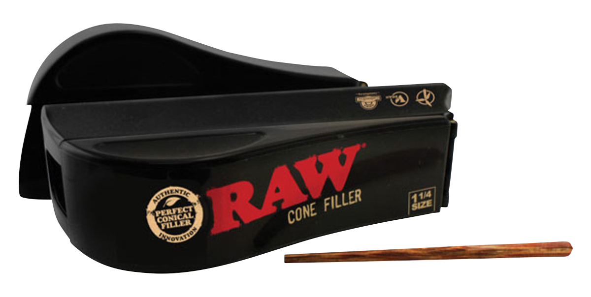 A close-up of the RAW 1 ¼” Pre-rolled Cone Filler Machine, angled to show its plastic construction and simple design.