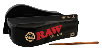 A close-up of the RAW 1 ¼” Pre-rolled Cone Filler Machine, angled to show its plastic construction and simple design.