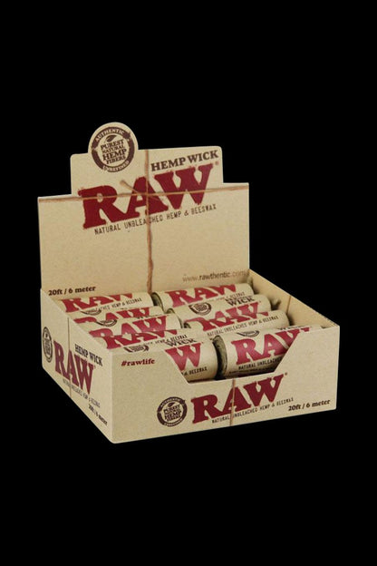 Front view of the RAW Natural Hemp Wick Rolls - 20 Pack, displayed in its branded packaging with a slight upward angle.