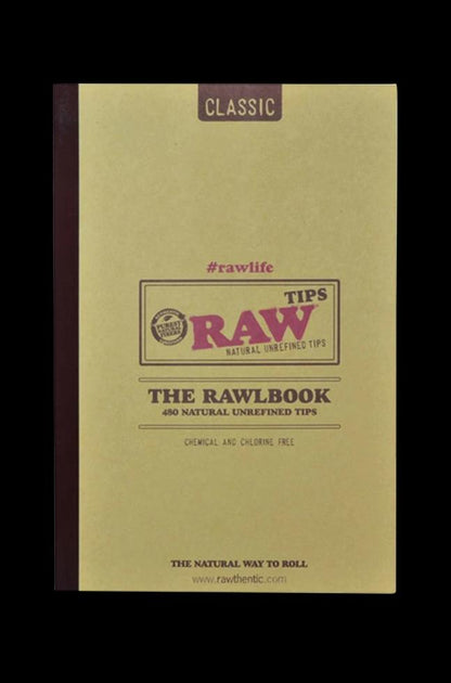 Front view of the RAW RawlBook - Book of 420 Rolling Filter Tips, showcasing a classic brown cover with gold lettering.