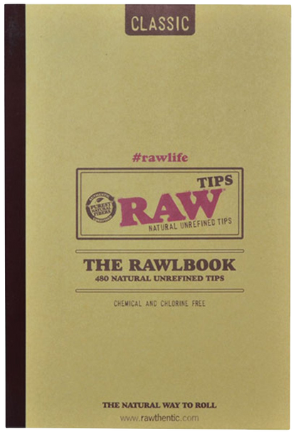 Front view of the RAW RawlBook, a booklet of rolling filter tips with a tan cover and black spine.