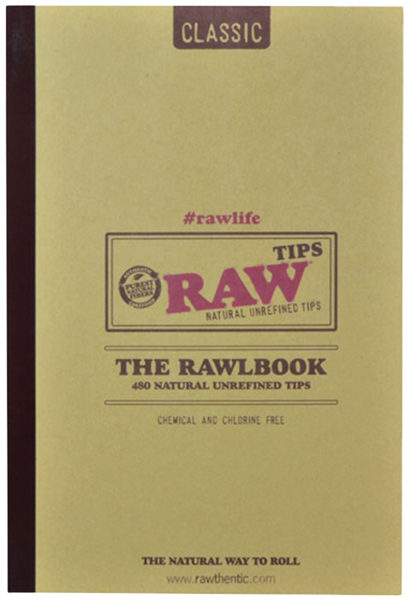 Front view of the RAW RawlBook, a booklet of rolling filter tips with a tan cover and black spine.