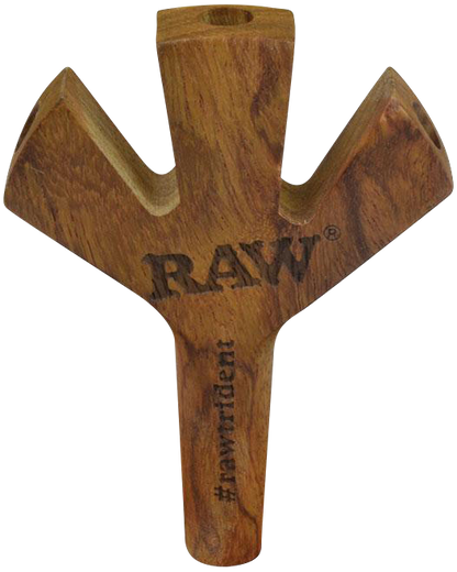 Front view of the RAW Trident Triple Barrel Cig Holder, a dark wood, three-pronged holder angled slightly to the left.