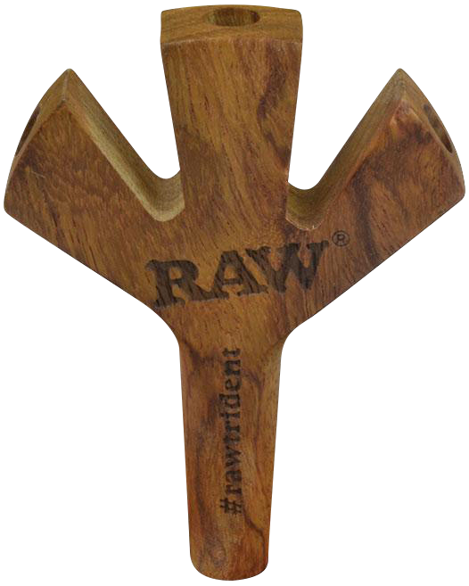 Front view of the RAW Trident Triple Barrel Cig Holder, a dark wood, three-pronged holder angled slightly to the left.