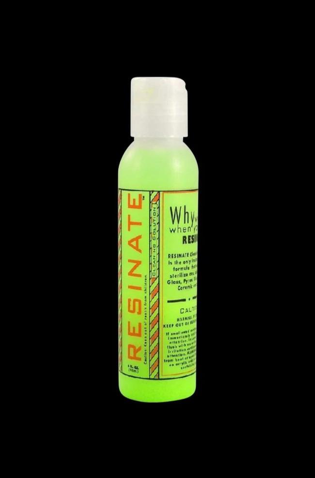 Centered front view of a neon green bottle labeled Resinate Cleaning Solution 5.00% Off Auto renew against a black background