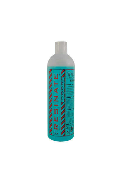 Centered front view of a 16 oz Resinate Liquid Cleaning 16oz Solution 5.00% Off Auto renew bottle with turquoise label and bold red vertical logo.