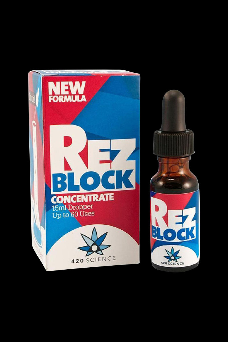 Front view of the 420 Science RezBlock Concentrate in a blue and white box, showcasing the product's branding.