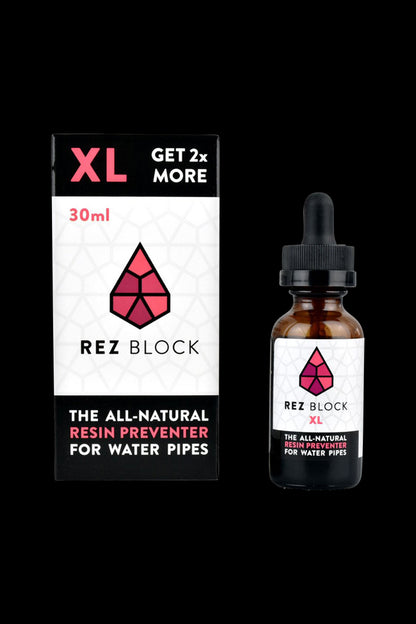 Front view of the 420 Science RezBlock Concentrate, a clear container with “XL” and “30ml” labels against a black background.