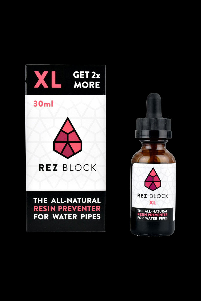 Front view of the 420 Science RezBlock Concentrate, a clear container with “XL” and “30ml” labels against a black background.