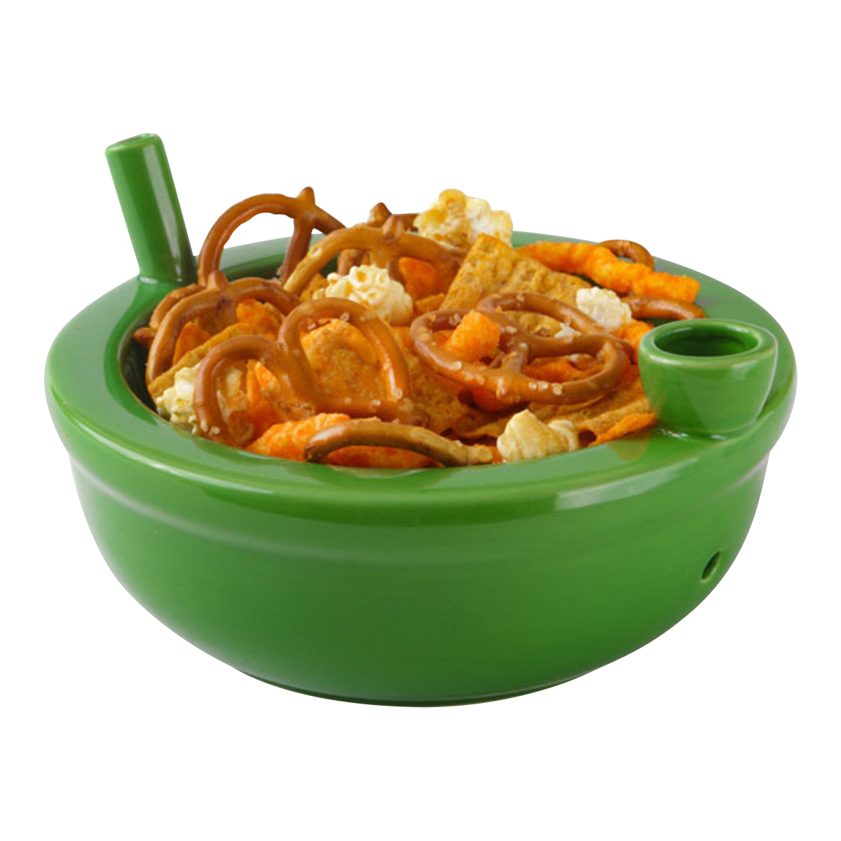 A front view of the Roast And Toast Ceramic Cereal Bowl Pipe filled with pretzel-like snacks, showcasing its unique design.