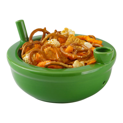 A front view of the Roast And Toast Ceramic Cereal Bowl Pipe filled with pretzel-like snacks, showcasing its unique design.